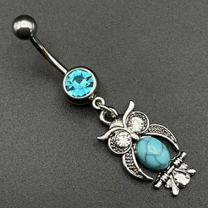 316L Stainless Steel with Aquamarine and Diamond Cubic Zirconia Owl Belly Ring